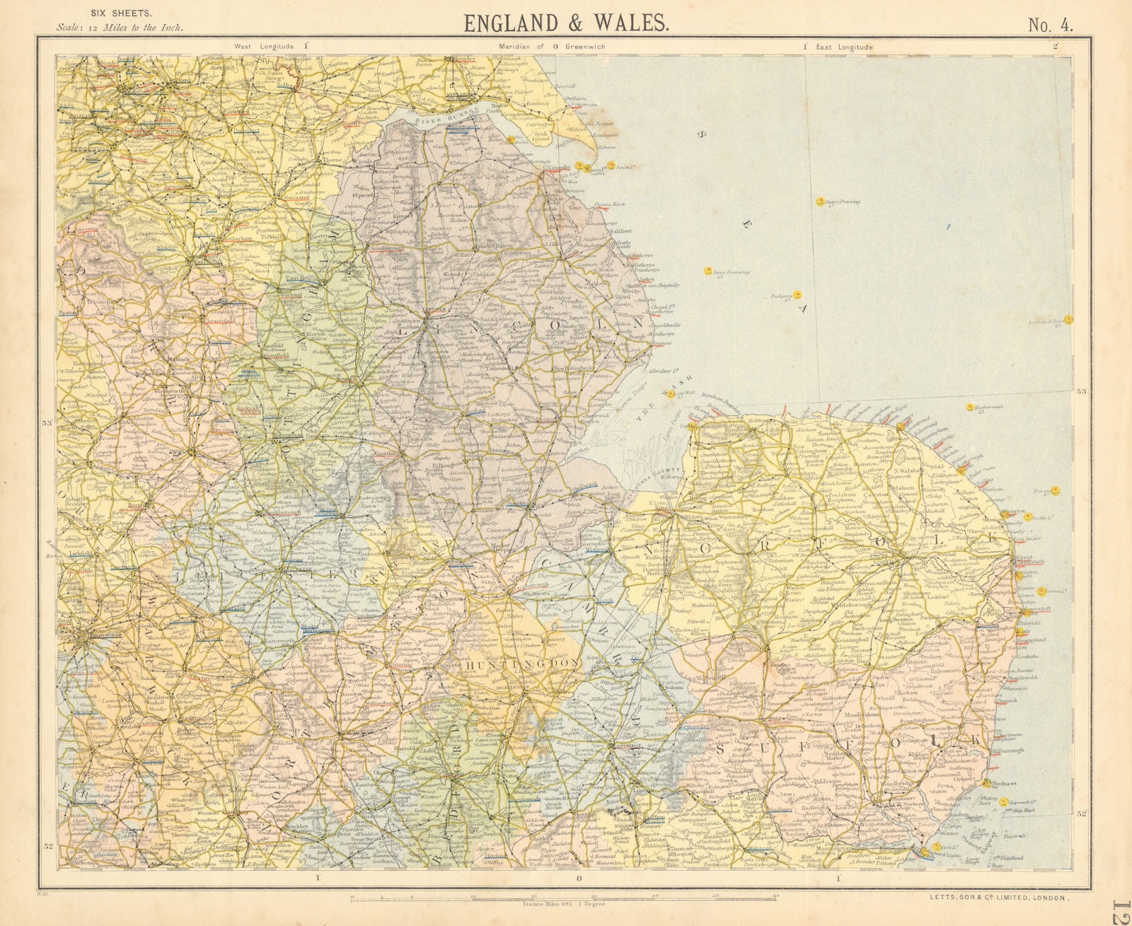 ENGLAND EAST. Lighthouses East Midlands East Anglia Lincolnshire. LETTS 1892 map
